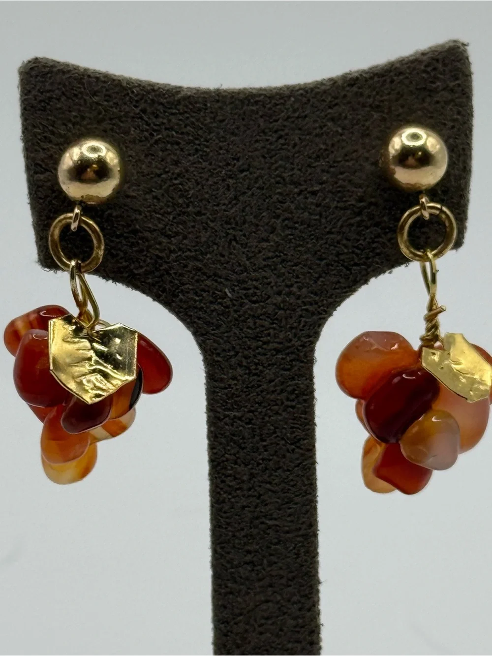 Gold-Tone Red Orange carnelian Cluster Drop Earrings